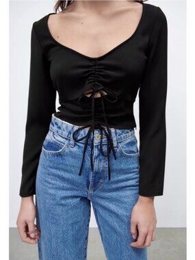 ZARA Ruched Cut Out Long Sleeve Black Top Blouse Size Small